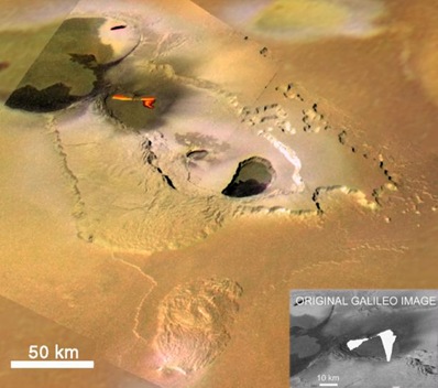 Galileo uydusu tarafından  Io'da Tvashtar Catena bölgesinde 1999'da görüntülenen volkan patlaması