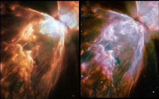 Bu fotoğrafta ise eskiden alınan Kelebek Nebulası (Butterfly Nebula, NGC 6302 veya Bug Nebula) görüntüsü (sol) ile bugün yayınlanan fotoğraf (sağ) karşılaştırılmış.