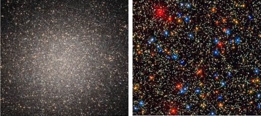 Omega Centauri Küresel Yıldız Kümesi’ne ait sol taraftaki fotoğraf 2002 yılında Hubble Uzay Teleskobu tarafından alınmış. Sağ tarafta ise aynı bölgeye ait bugün yayınlanan fotoğraf görülüyor.