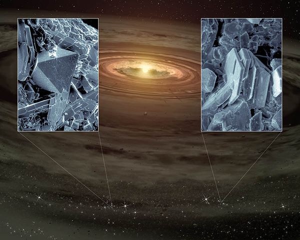 Spitzer’in bulgularına rastladığı cristobalite (solda) ve tridymite (sağda) kristalleri. Arka plandaki fotoğrafta ise genç bir yıldız ve etrafındaki gezegen oluşum diskinin hayali çizimi görülüyor.