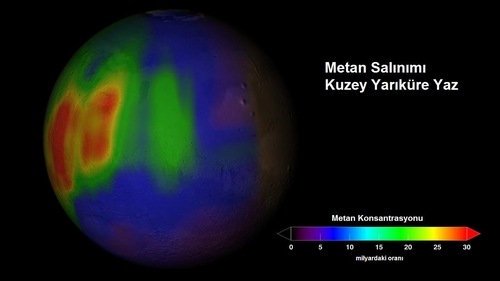 Resimde Mars’ta keşfedilen metan gazının yoğunluğu görülüyor.